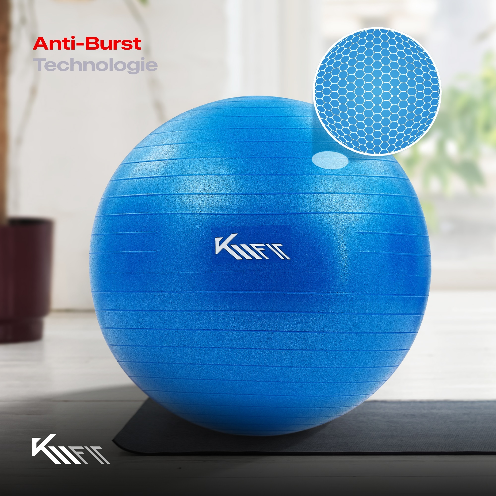 Ein blauer Gymnastikball. Eine Nahaufnahme zeigt die Oberflächenstruktur des Balls. Das Markenlogo ist sichtbar.