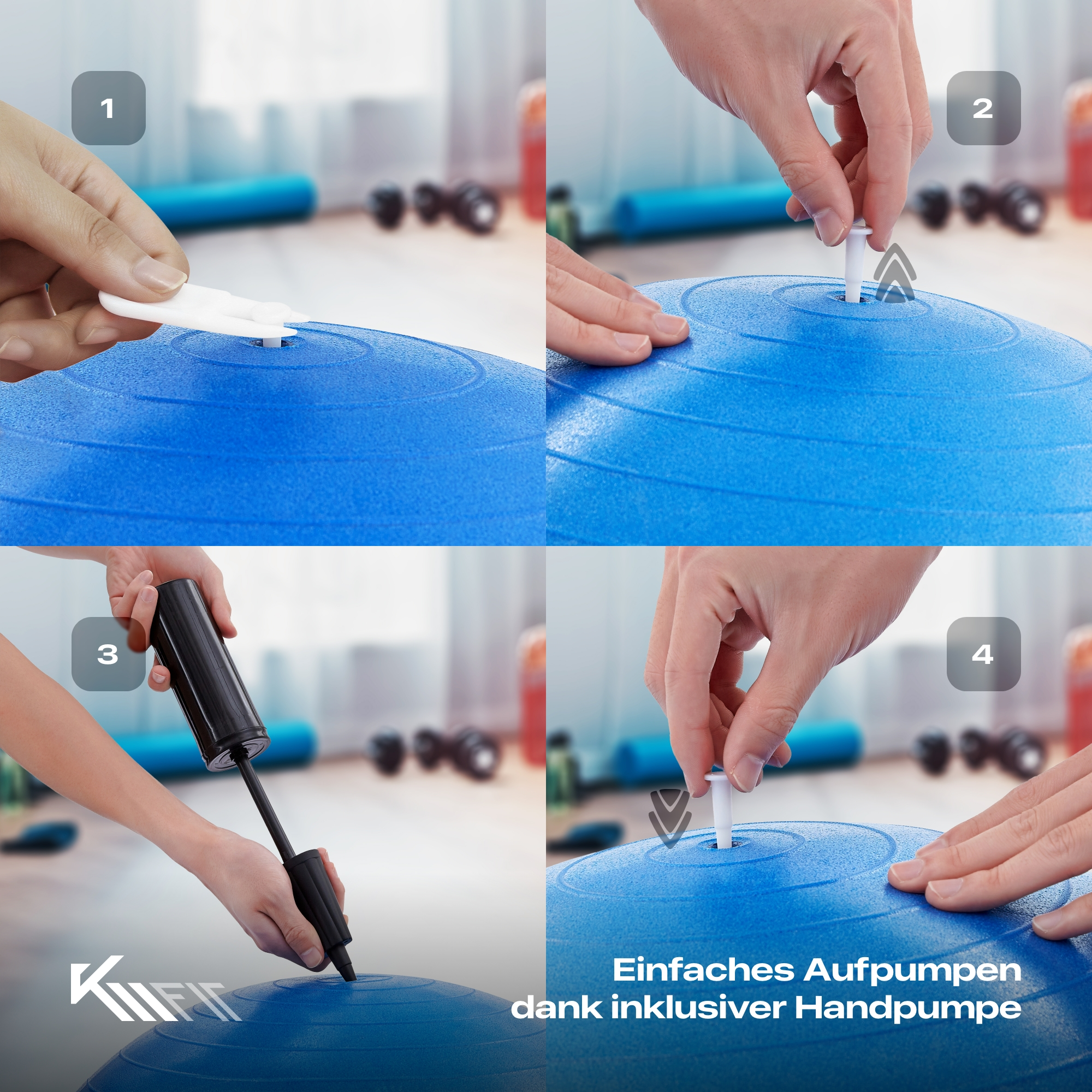 Vier Bilder zeigen einen blauen Gymnastikball, der mit einer Pumpe aufgepumpt wird, mit deutschem Text.