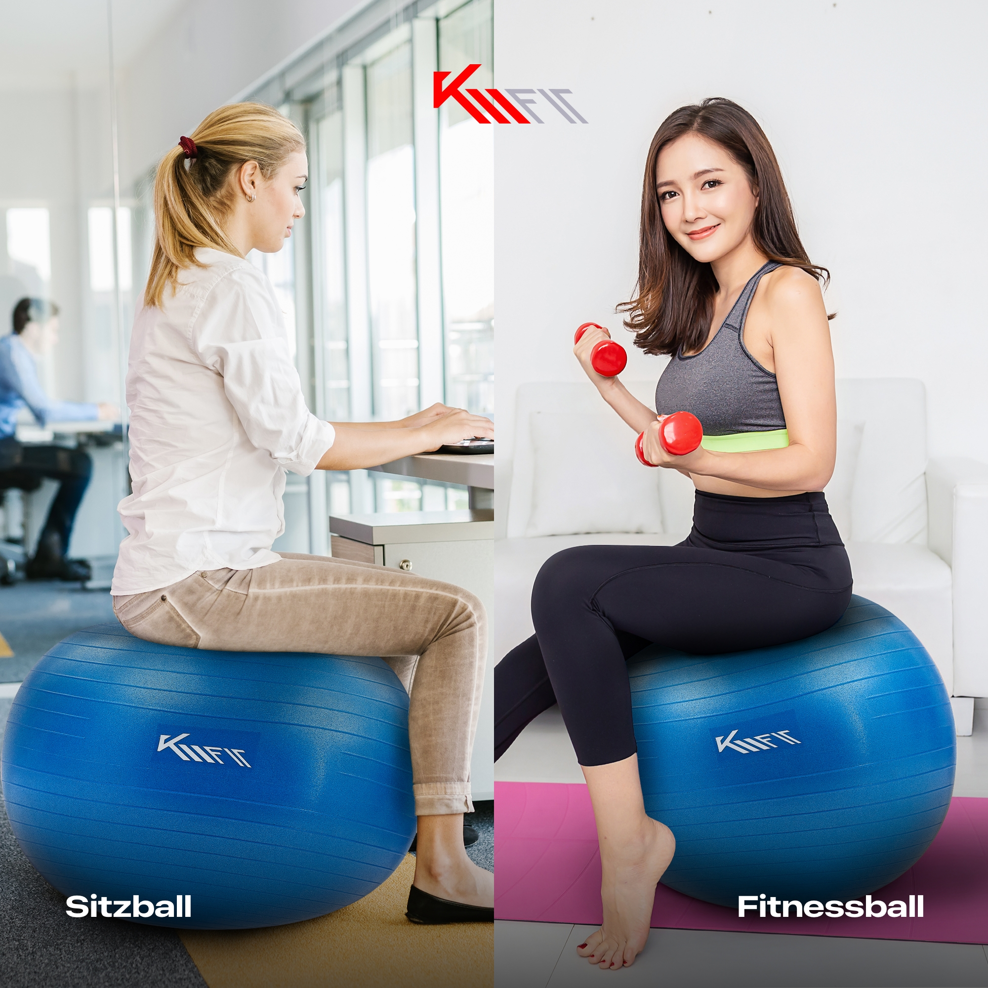 Zwei Frauen auf blauen Gymnastikbällen. Eine tippt auf einem Laptop, die andere hält Gewichte. Weißer Hintergrund.