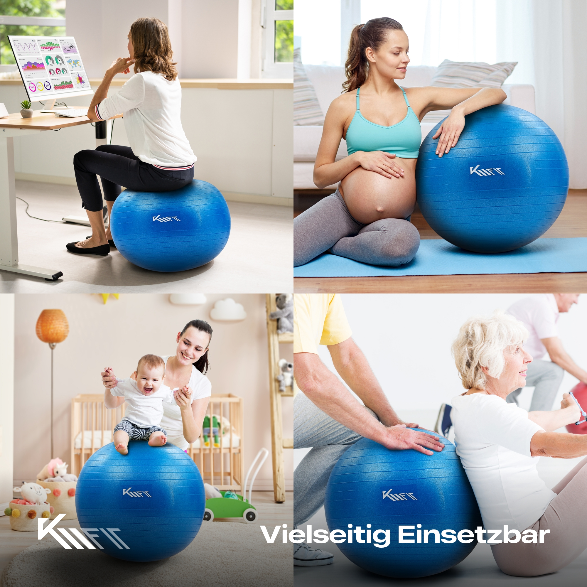 Vier Bilder zeigen Menschen mit blauen Gymnastikbällen. Text: Vielseitig einsetzbar.
