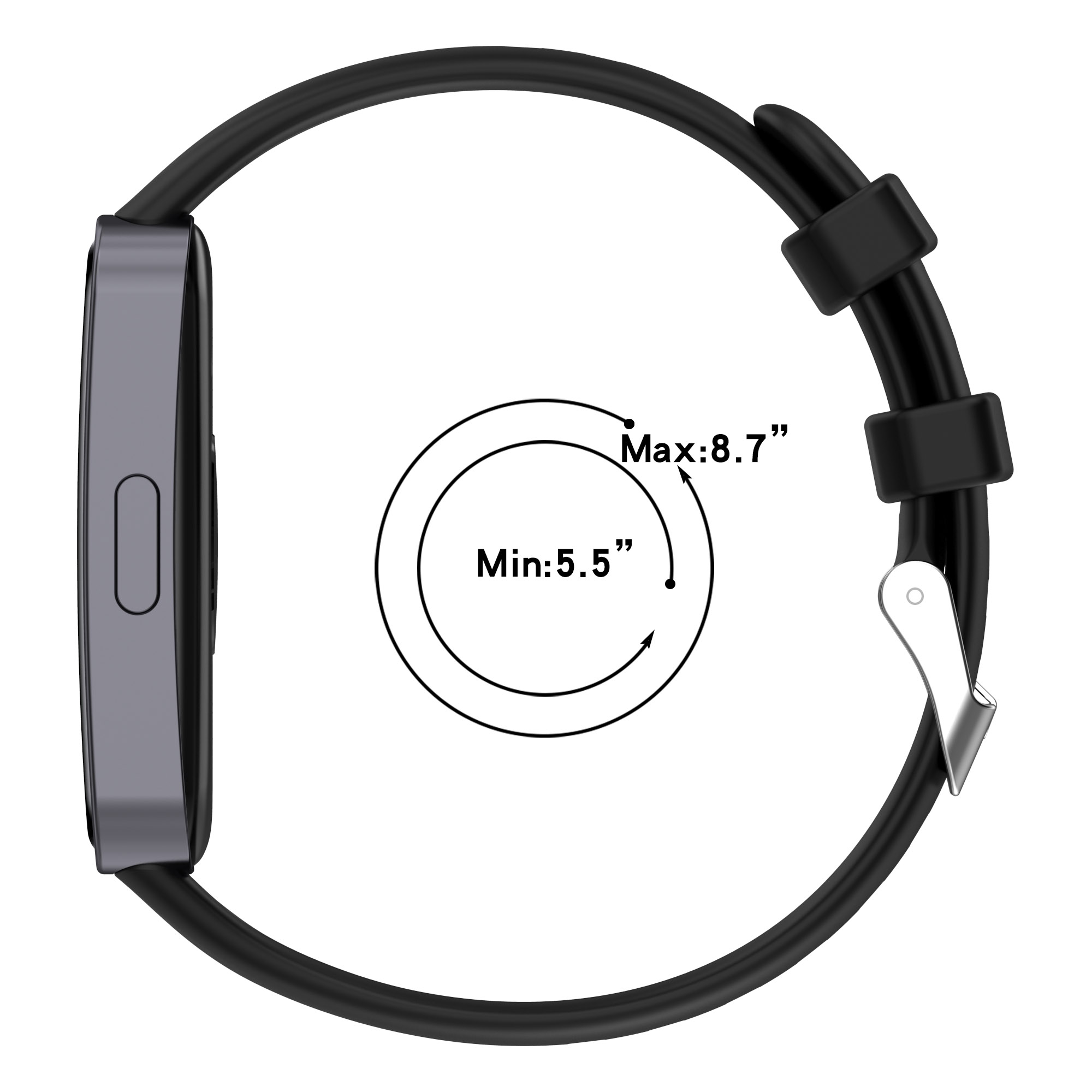 Smartwatch z czarnym paskiem, pokazujący wymiary paska.