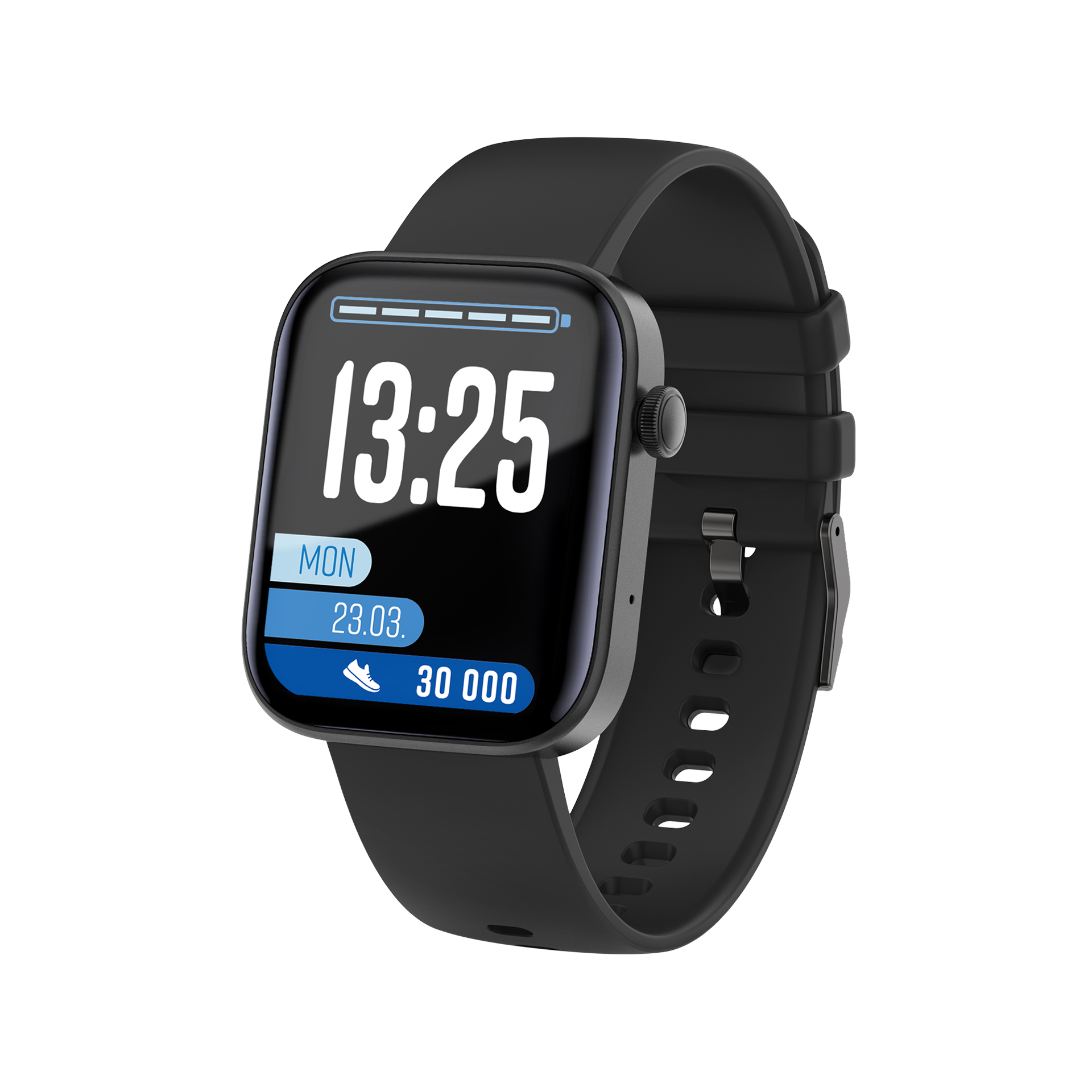 Schwarze Smartwatch mit rechteckigem Bildschirm, der Zeit und Datum anzeigt. Hat ein schwarzes Armband und eine Taste.