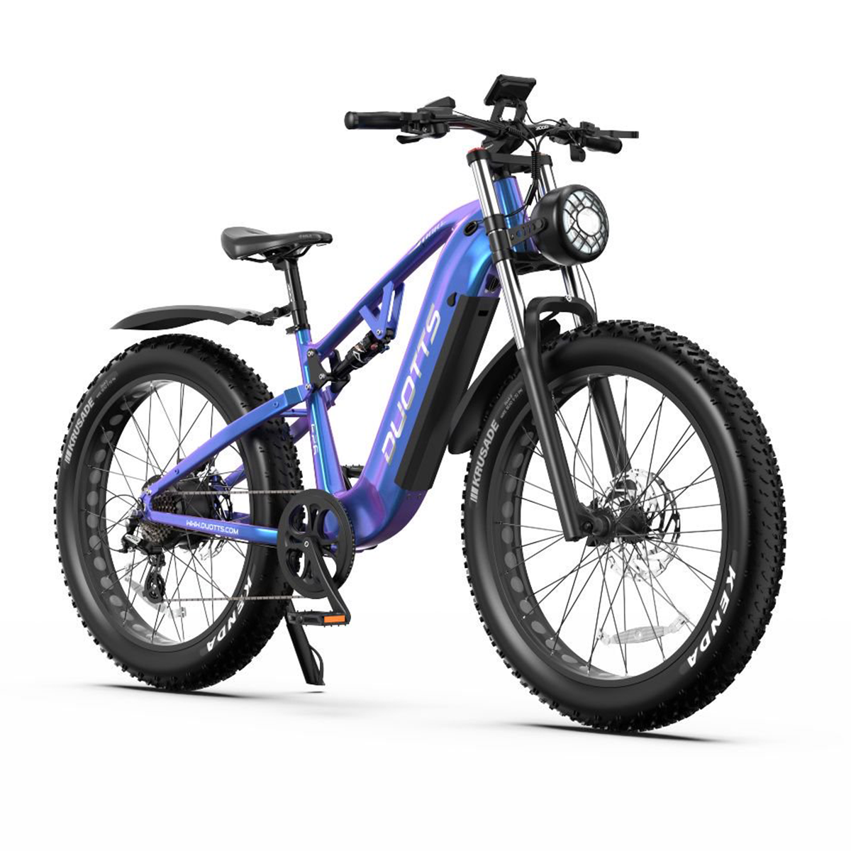 Blau-violettes elektrisches Mountainbike mit großen Reifen.