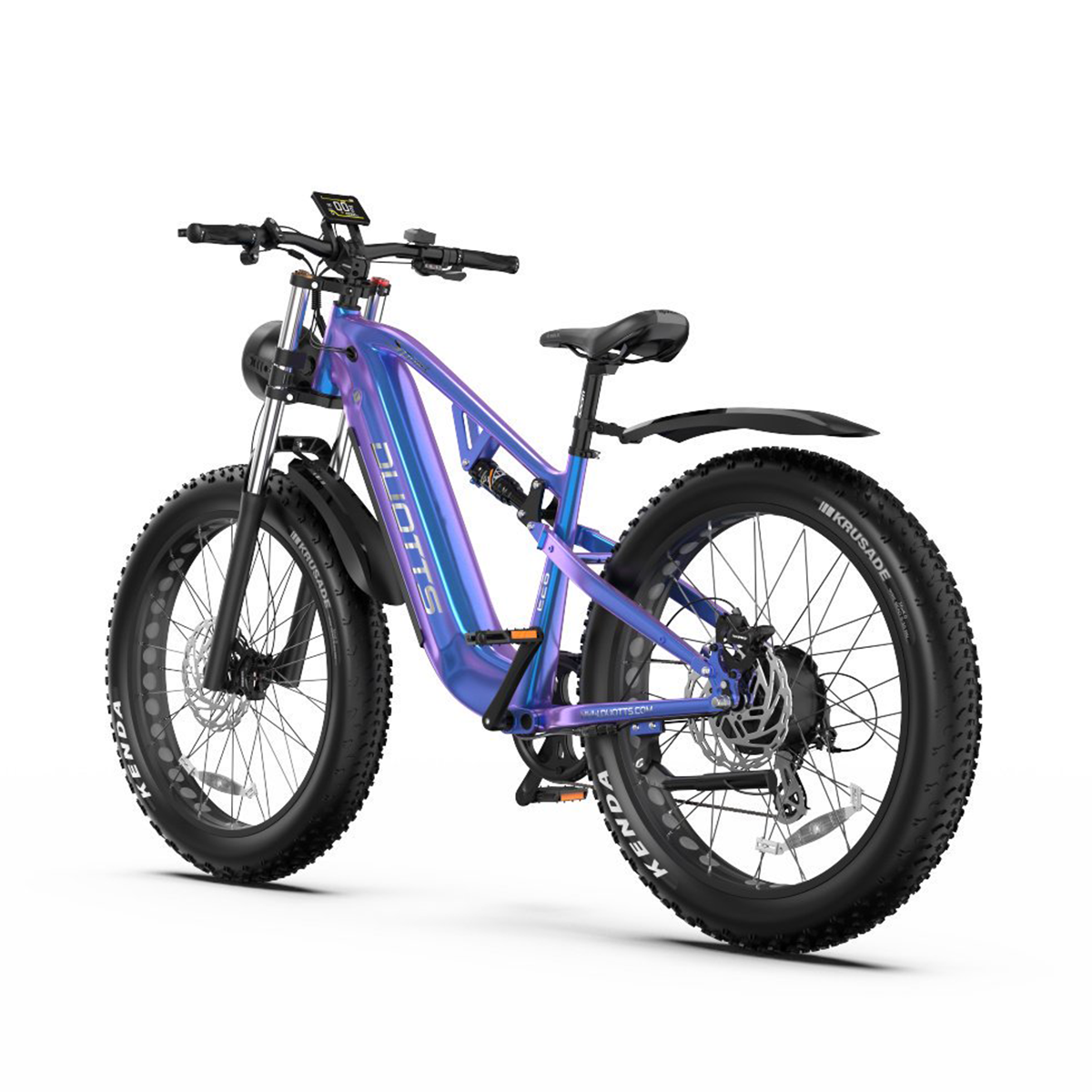 Ein blaues und lila Elektrofahrrad auf weißem Hintergrund, aus der Rückansicht.