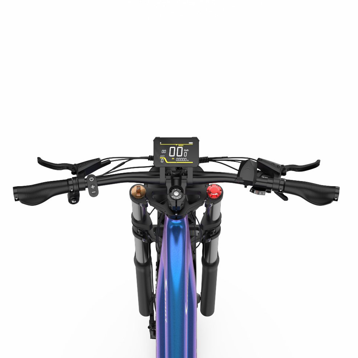 Eine Draufsicht auf den Lenker eines Elektrofahrrads. Es hat ein digitales Display und Bedienelemente.