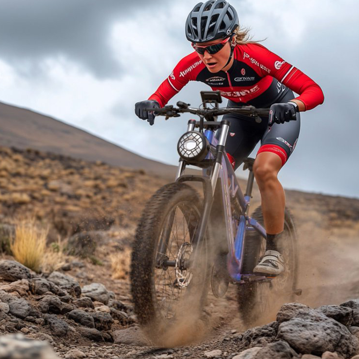 Frau fährt Mountainbike auf einem felsigen Pfad. Trägt Helm und Ausrüstung. Staubige Umgebung.