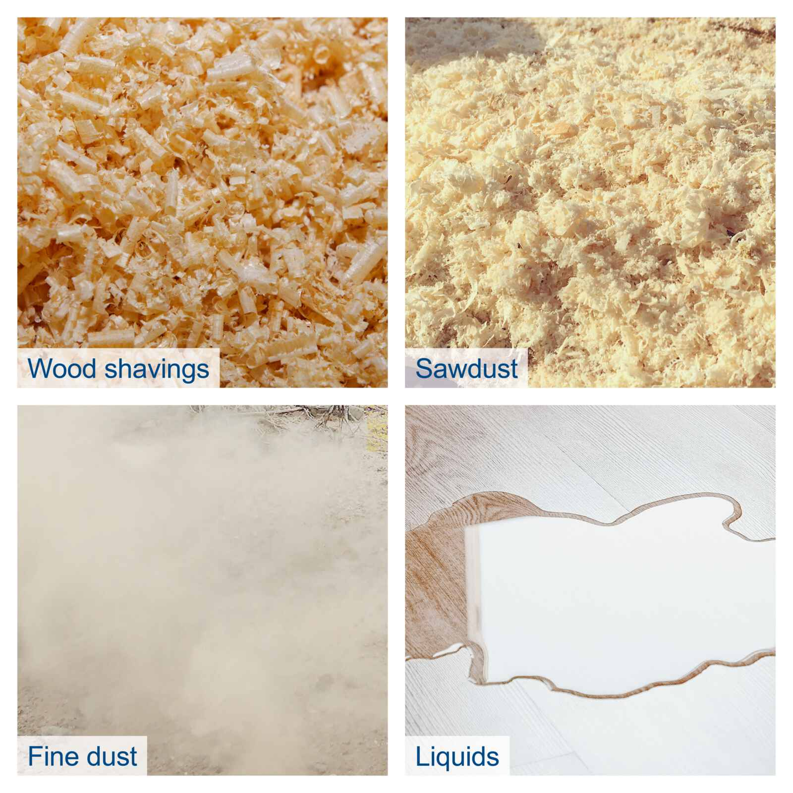 Cztery obrazy przedstawiające wióry drewniane, trociny, drobny pył i ciecze, wszystko na jasnej powierzchni.