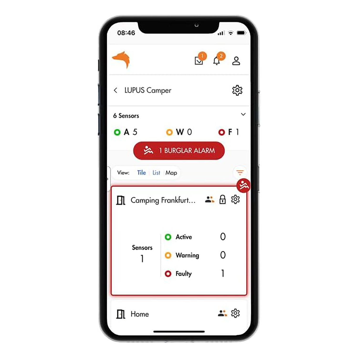 Smartphone-Bildschirm mit einer LUPUS Camper-Oberfläche, mit Sensorstatus und Einbruchalarm.