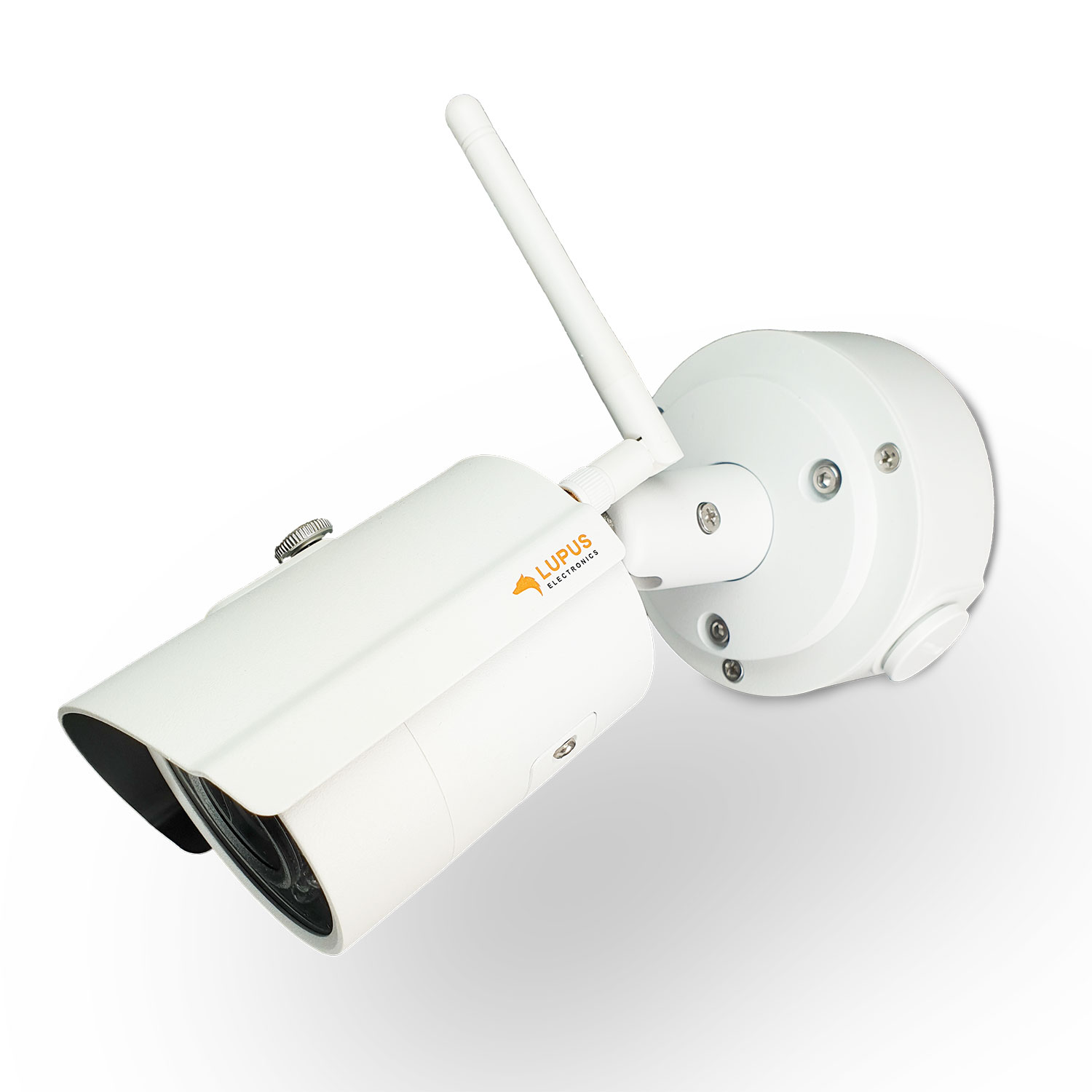 Eine weiße Überwachungskamera, die auf einer weißen Oberfläche montiert ist. Sie hat eine Antenne und ein Objektiv.