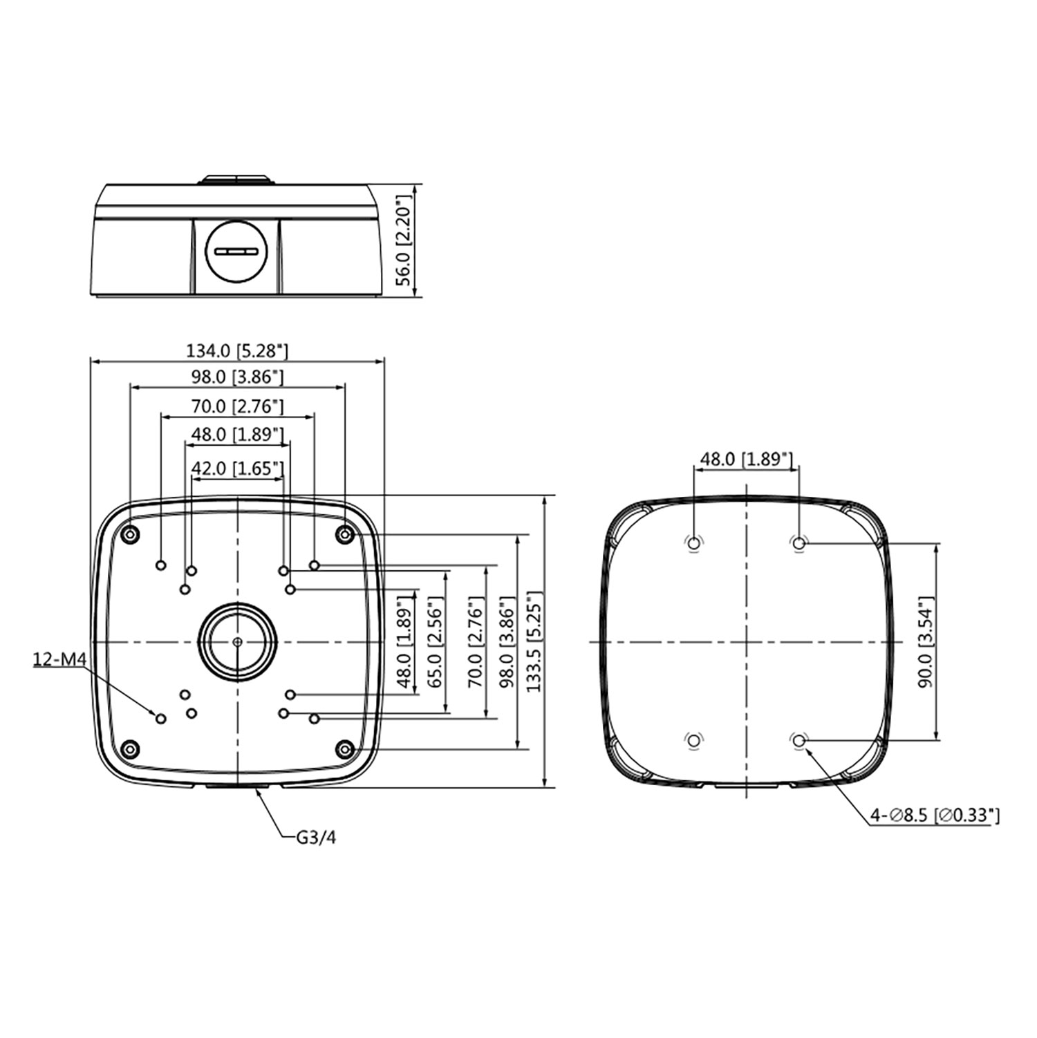 Diagramm eines quadratischen Geräts mit Abmessungen und Schraubenlochplatzierungen, aus verschiedenen Winkeln betrachtet.