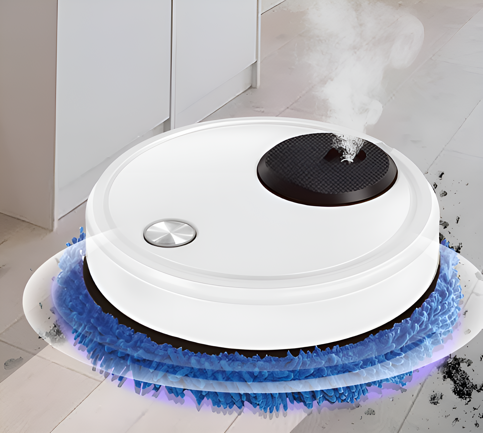 Weißer Roboter-Staubsauger, der einen Boden reinigt. Blaue Bürste am Rand.
