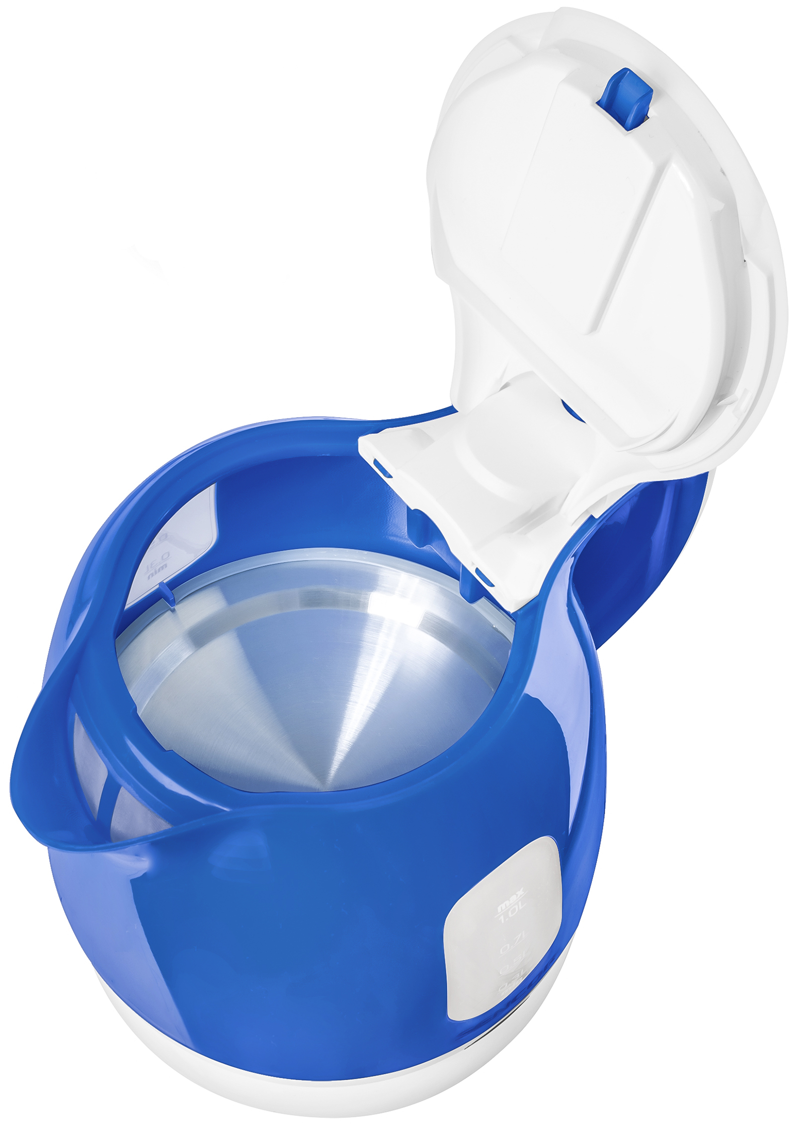 Niebiesko-biały czajnik elektryczny z szeroko otwartą pokrywą.