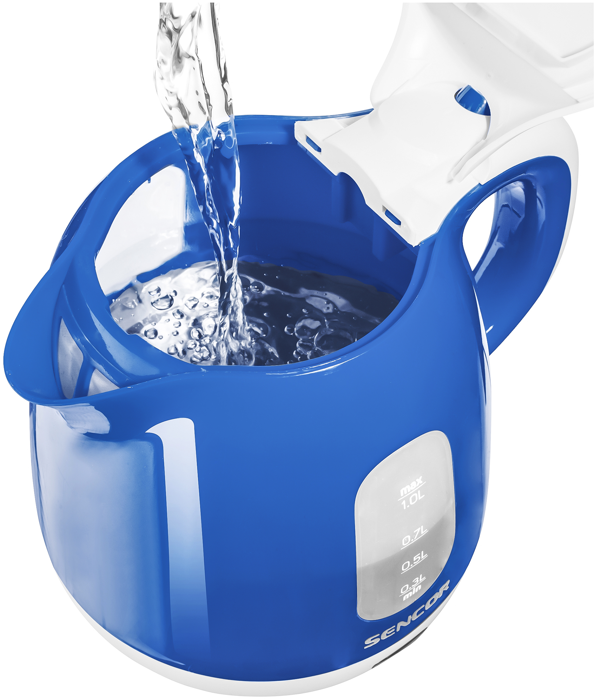 Niebieski czajnik elektryczny z wlewaną wodą. Białe wykończenie i przezroczysty wskaźnik poziomu wody.