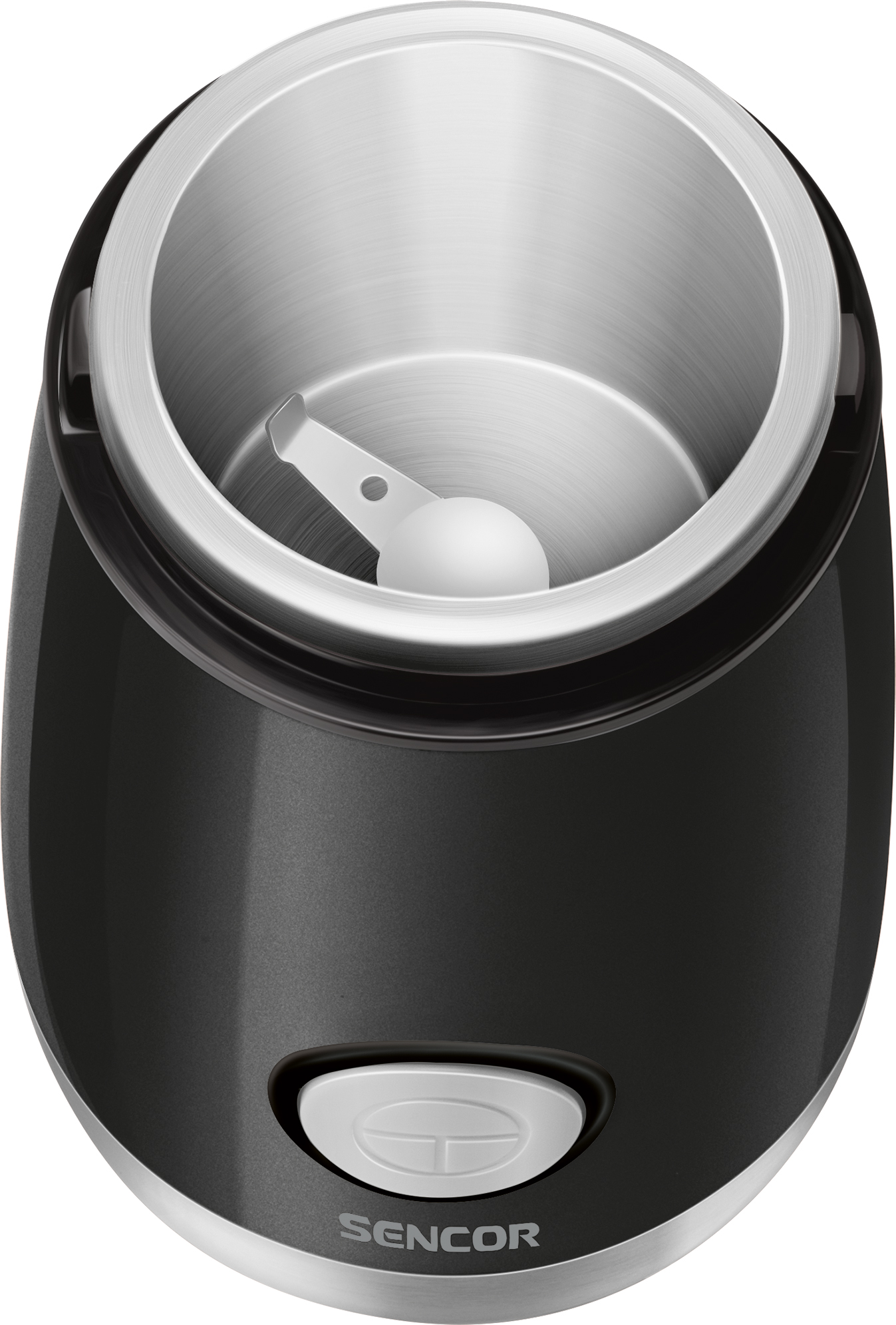 Czarny młynek do kawy Sencor ze srebrnym wnętrzem i białym przyciskiem.