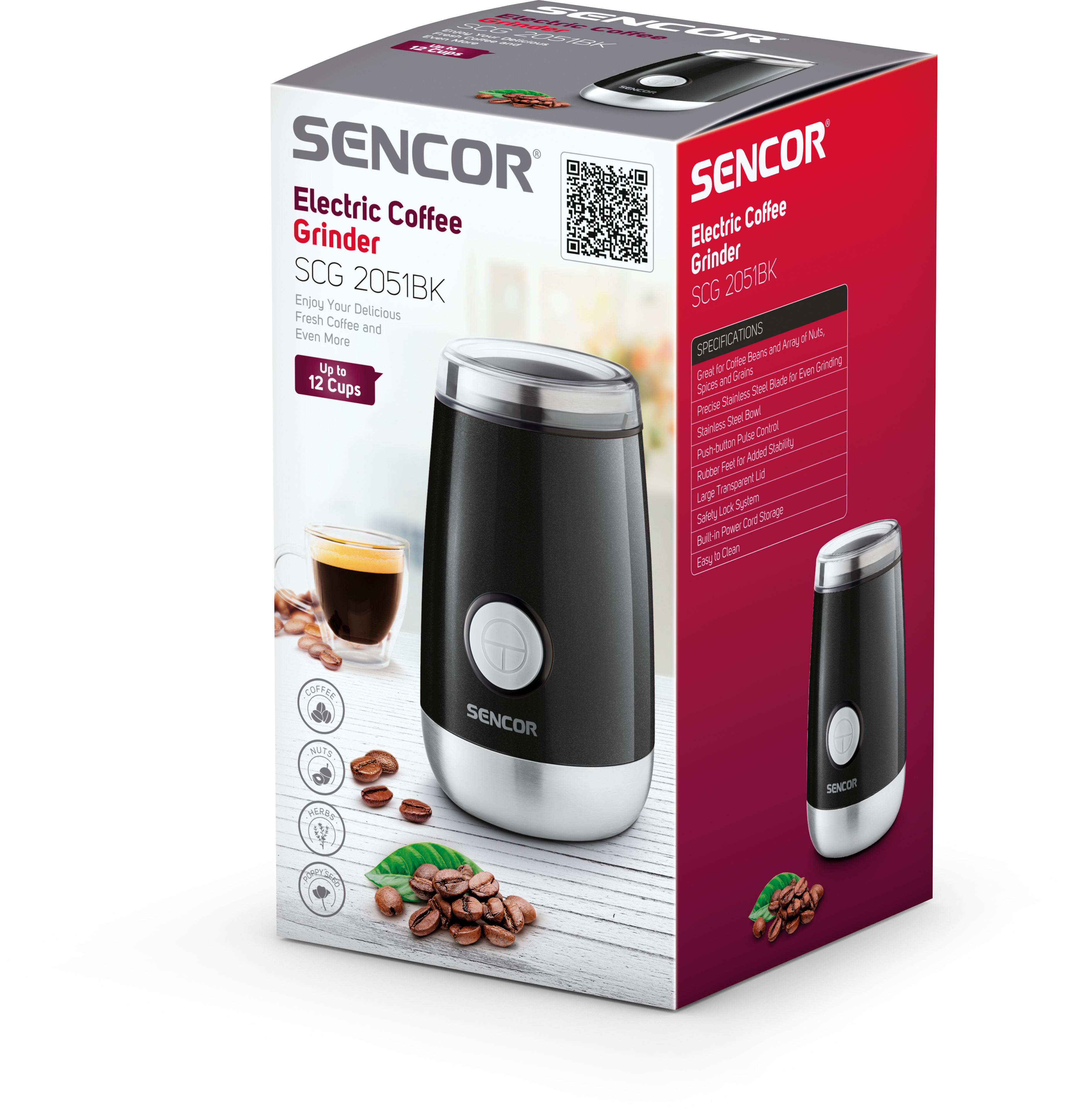 Pudełko elektrycznego młynka do kawy. Na pudełku młynek, ziarna kawy i filiżanka kawy.