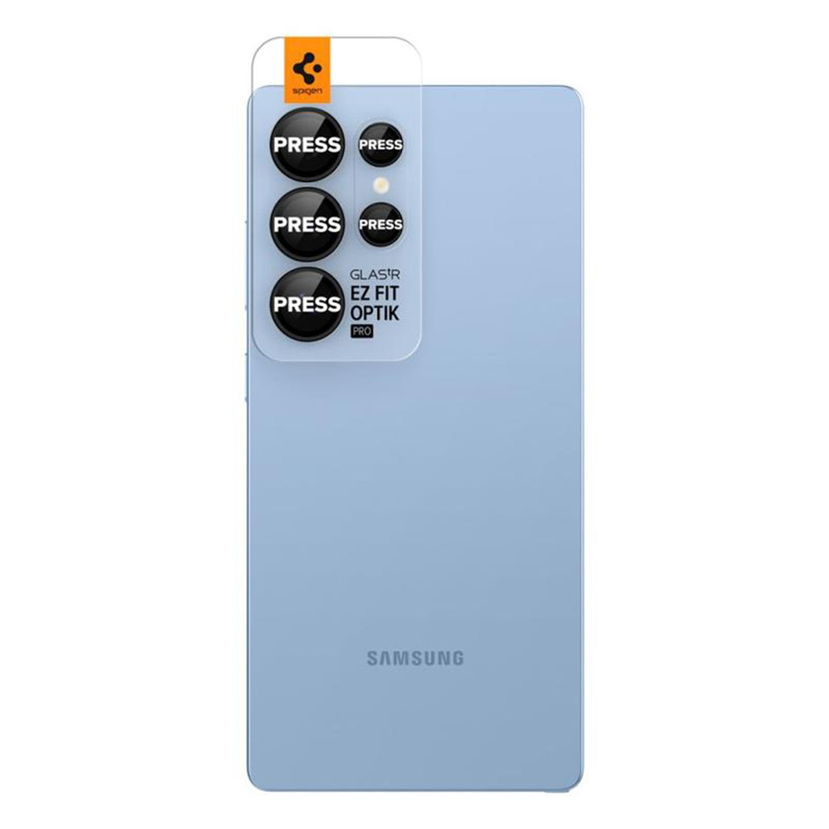 Téléphone bleu clair avec protecteur d'écran. Le protecteur affiche 'PRESS' plusieurs fois.