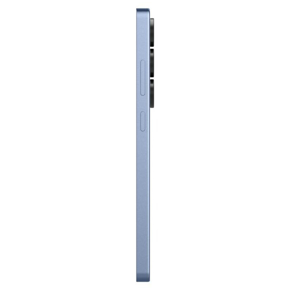 Vue latérale d'un smartphone bleu clair avec trois objectifs de caméra.