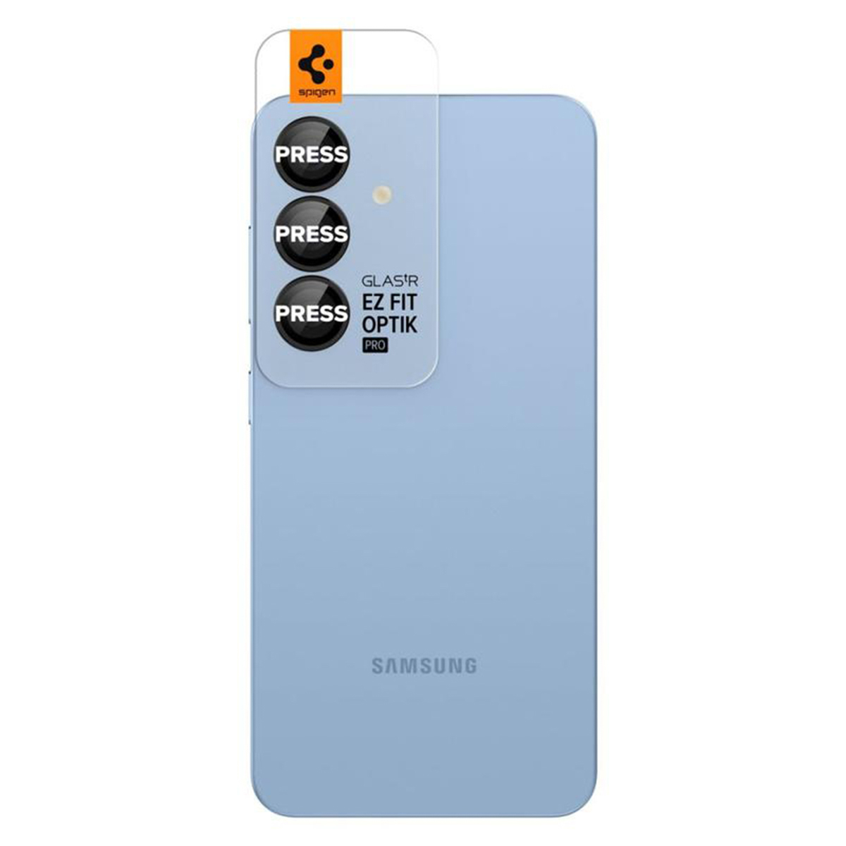 Telefoon met screenprotector erop. Tekst: "PRESS". Transparante bescherming.