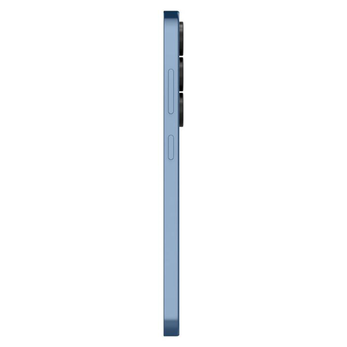 Een blauwe smartphone, zijaanzicht, met volumeknoppen en camerabult.