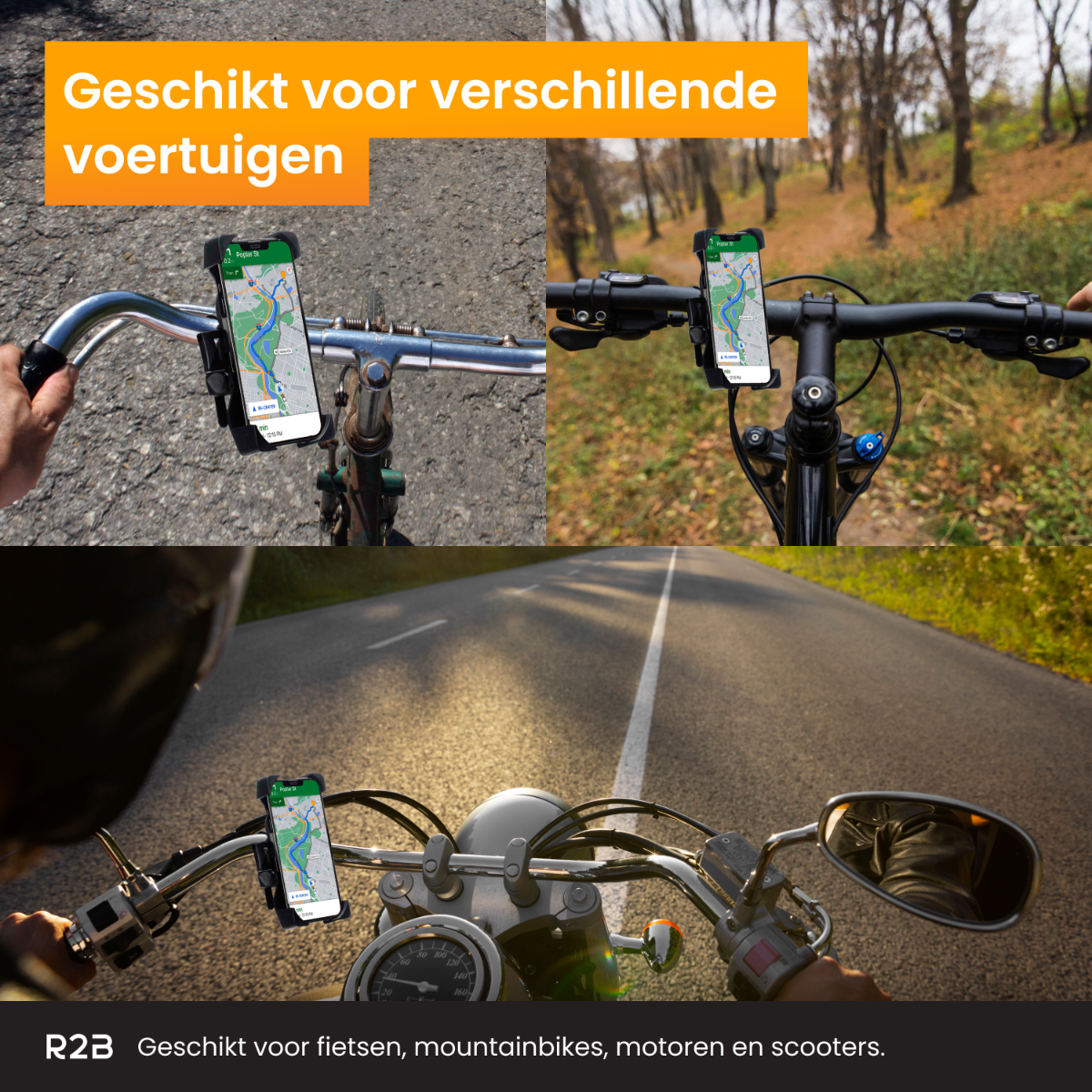 Afbeeldingen met telefoons gemonteerd op fiets-, motor- en scootersturen met wegweergave.