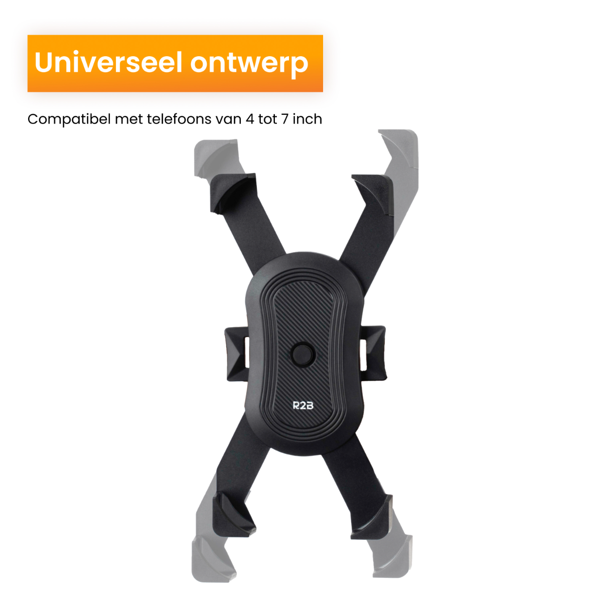Zwarte telefoonhouder met armen op een witte achtergrond. Tekst: Universeel ontwerp. Compatibel met 4-7 inch telefoons.