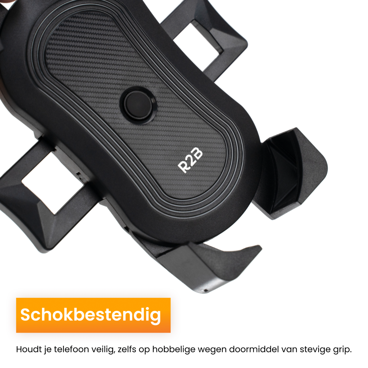 Zwarte telefoonhouder. Tekst 'Schokbestendig'. Oranje label eronder.