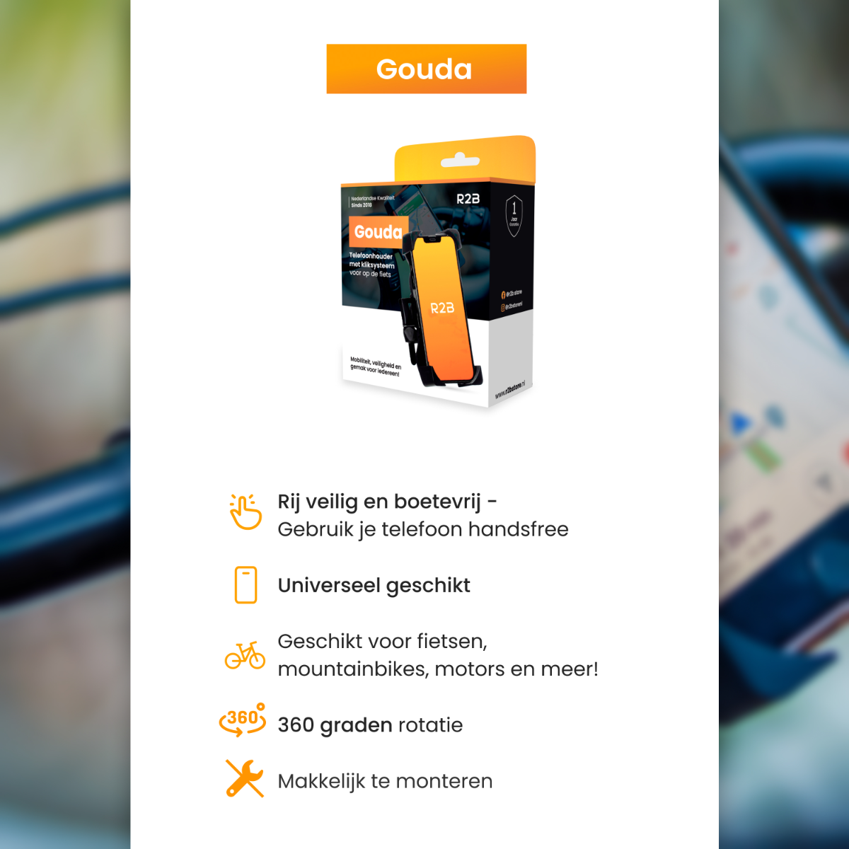 Een oranje telefoonhouder wordt getoond in zijn verpakking. De verpakking heeft tekst en logo's.
