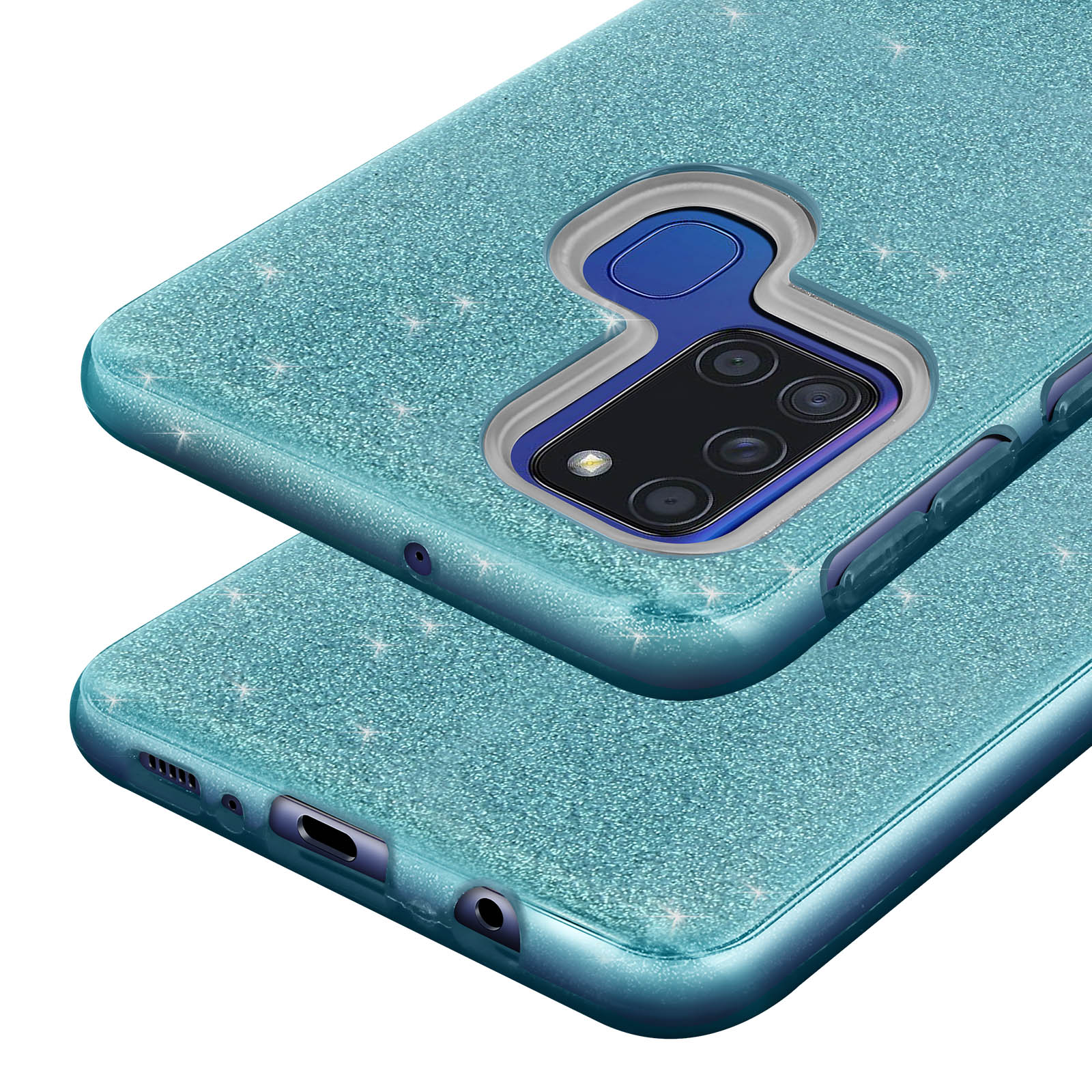 AVIZAR Coque pour Samsung Galaxy A21s Paillette Amovible Silicone Semi-rigide Coque de téléphone voor Samsung Galaxy A21s Bleu