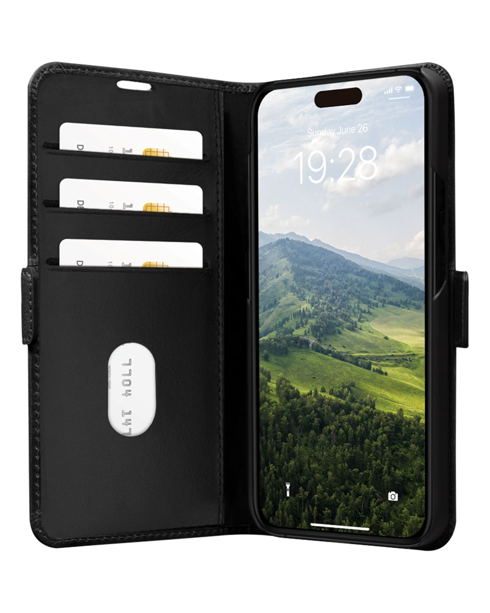 Czarne etui na telefon z otwartym portfelem. Telefon wyświetla krajobraz.