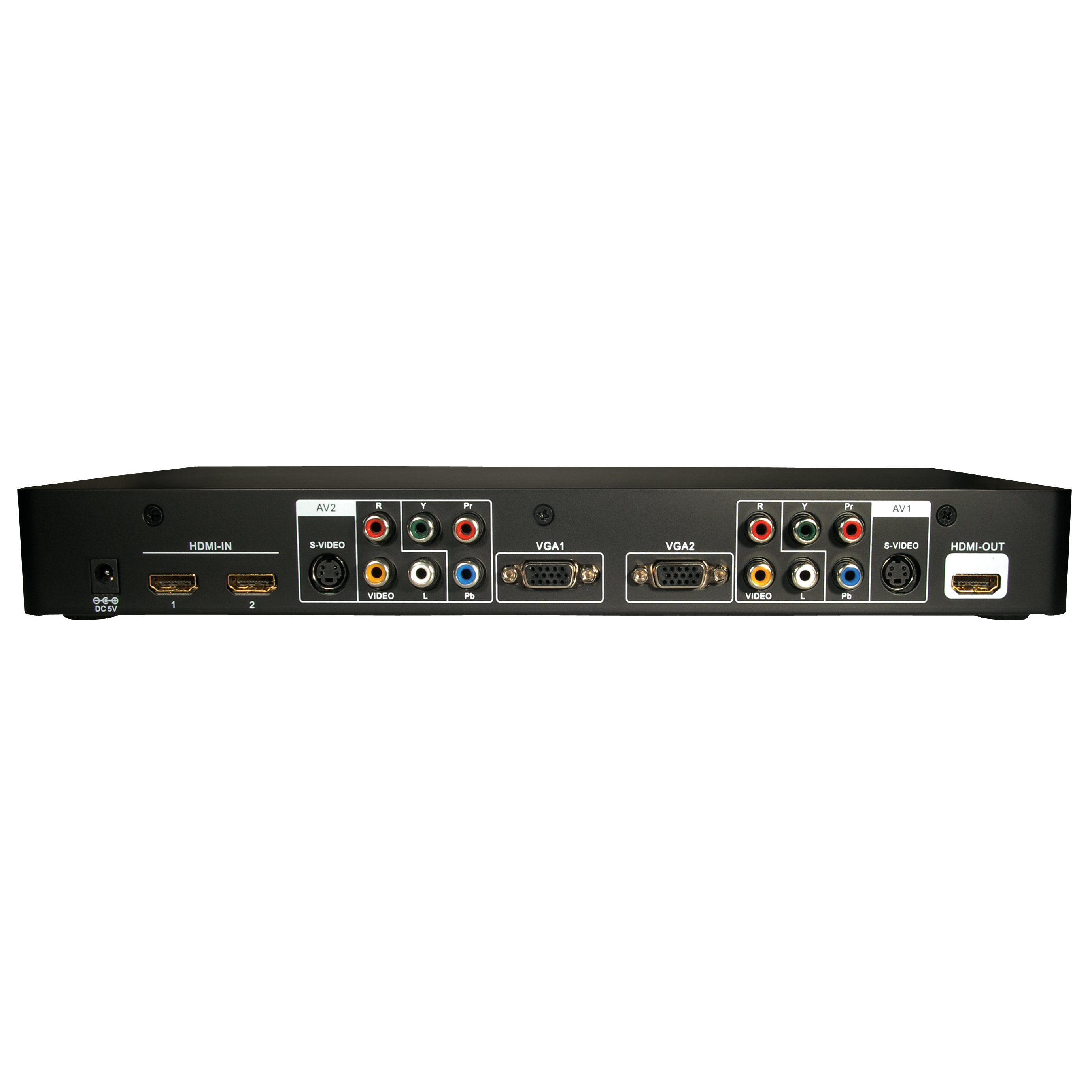 Rückansicht eines schwarzen AV-Receivers mit mehreren Anschlüssen für HDMI-, VGA- und Audioverbindungen.