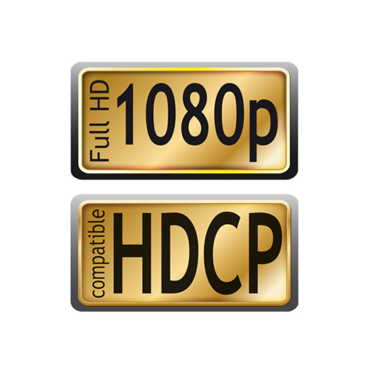 Zwei goldene Rechtecke mit schwarzem Text: "Full HD 1080p" und "kompatibel HDCP".