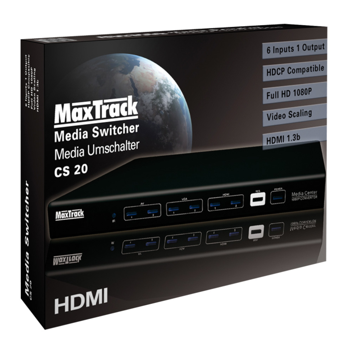 Schwarze Media Switcher Box mit mehreren Ein- und Ausgängen, zusammen mit ihrer Verpackung.