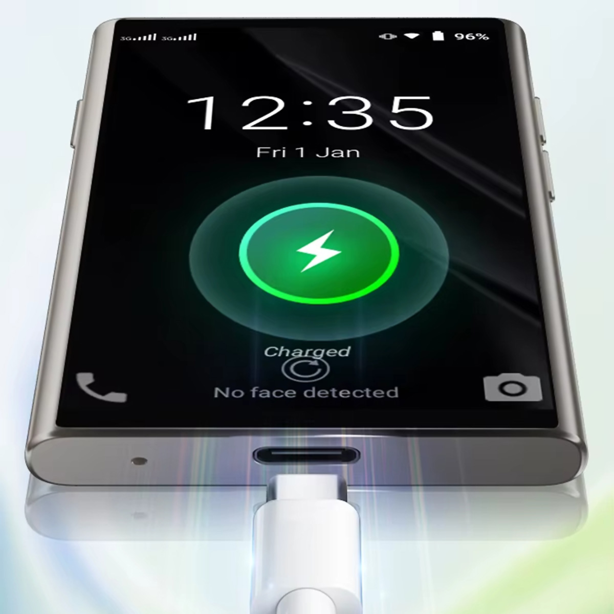 Smartfon się ładuje, pokazuje ikonę ładowania i czas. Ma włożony biały kabel.