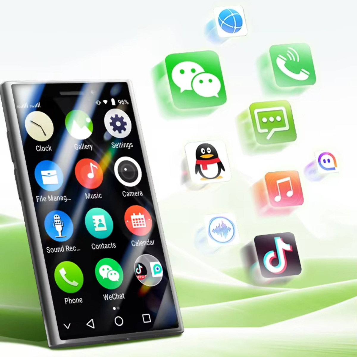 Telefon z kilkoma ikonami aplikacji unoszącymi się wokół niego.