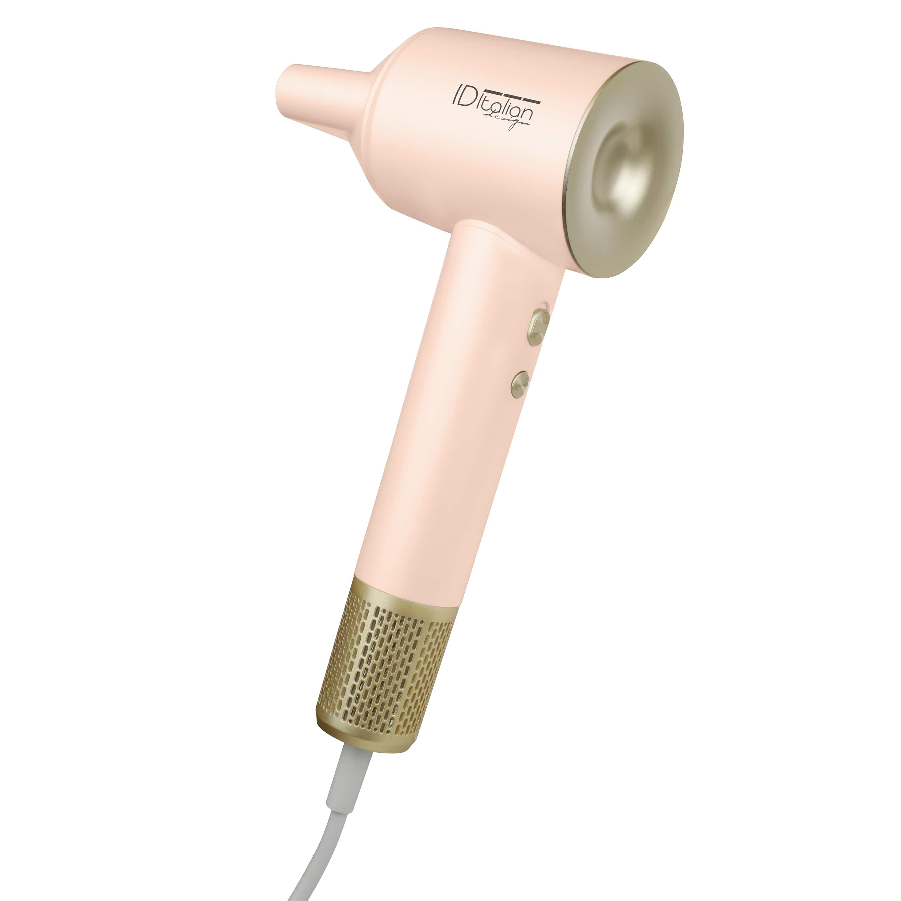 Różowa i złota suszarka do włosów z białym przewodem.