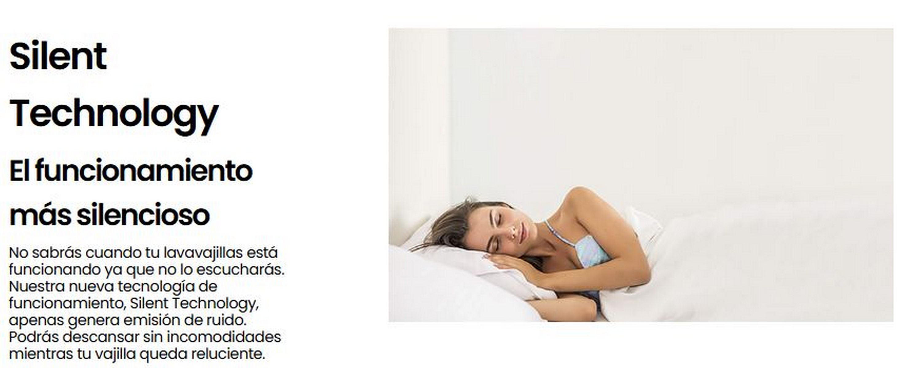 Una mujer durmiendo en la cama con texto sobre tecnología silenciosa y un lavavajillas.