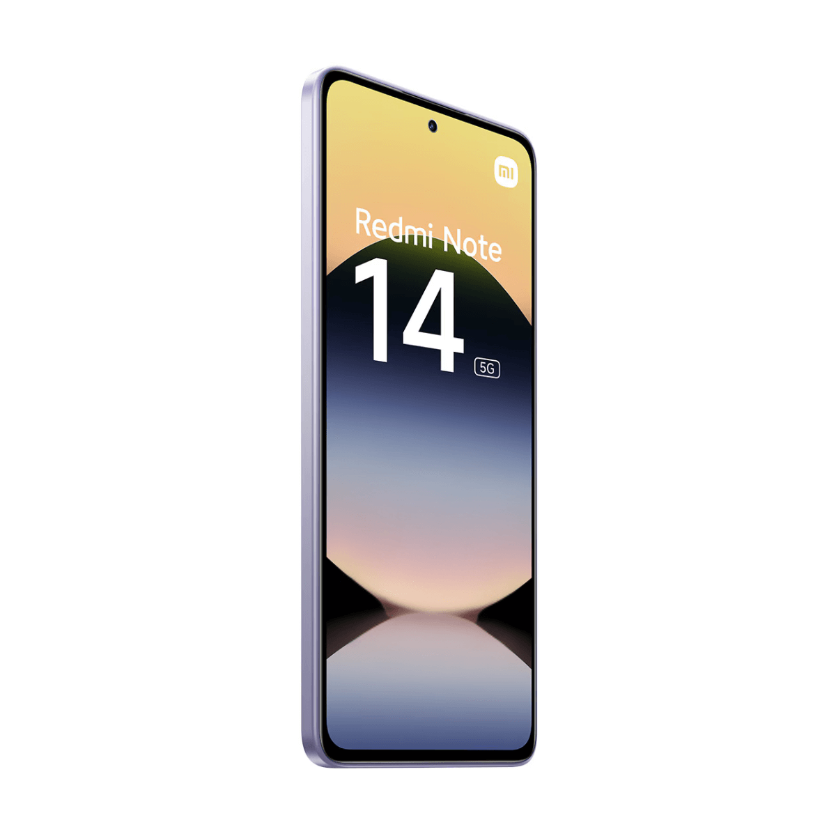 Telefon Redmi Note 14. Ekran wyświetla tekst i gradientowe tło. Telefon ma fioletową obudowę.