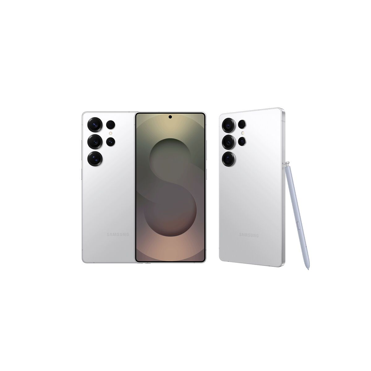 Dwa białe smartfony, jeden otwarty i rysik. Otwarty telefon pokazuje ekran i wypukłości kamery.