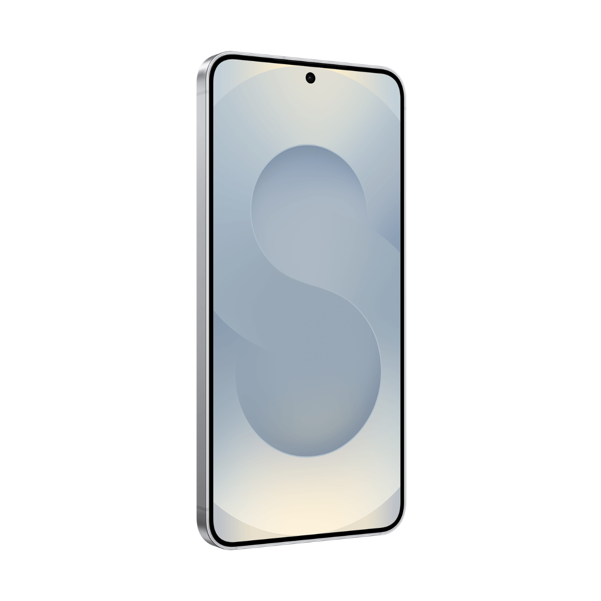 Srebrny smartfon z dużym ekranem, na białym tle.