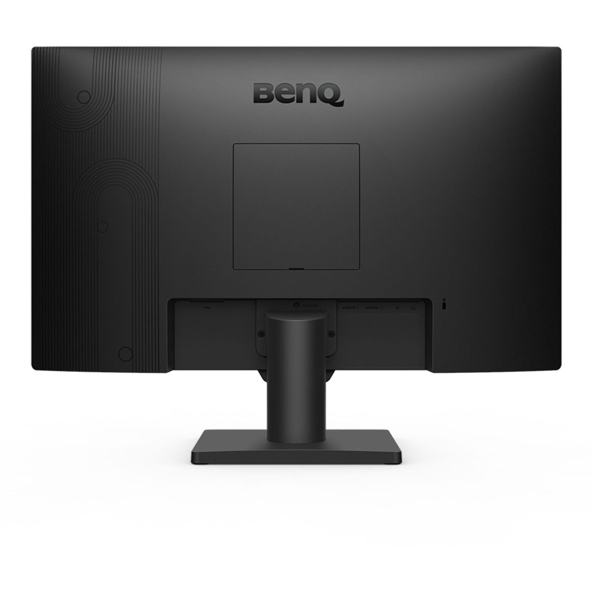 Tył czarnego monitora komputerowego z logo BenQ. Posiada porty i podstawkę.