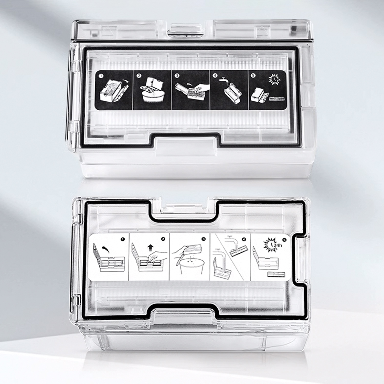 Dwie białe obudowy pokazujące jak czyścić filtr. Instrukcje są pokazane ze strzałkami.