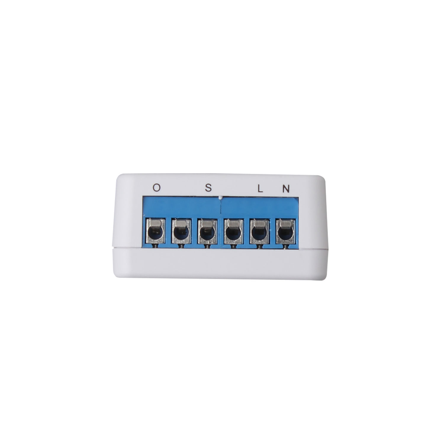 Ein weißer elektrischer Stecker mit fünf Anschlüssen, beschriftet mit O, S, L und N, auf weißer Fläche.