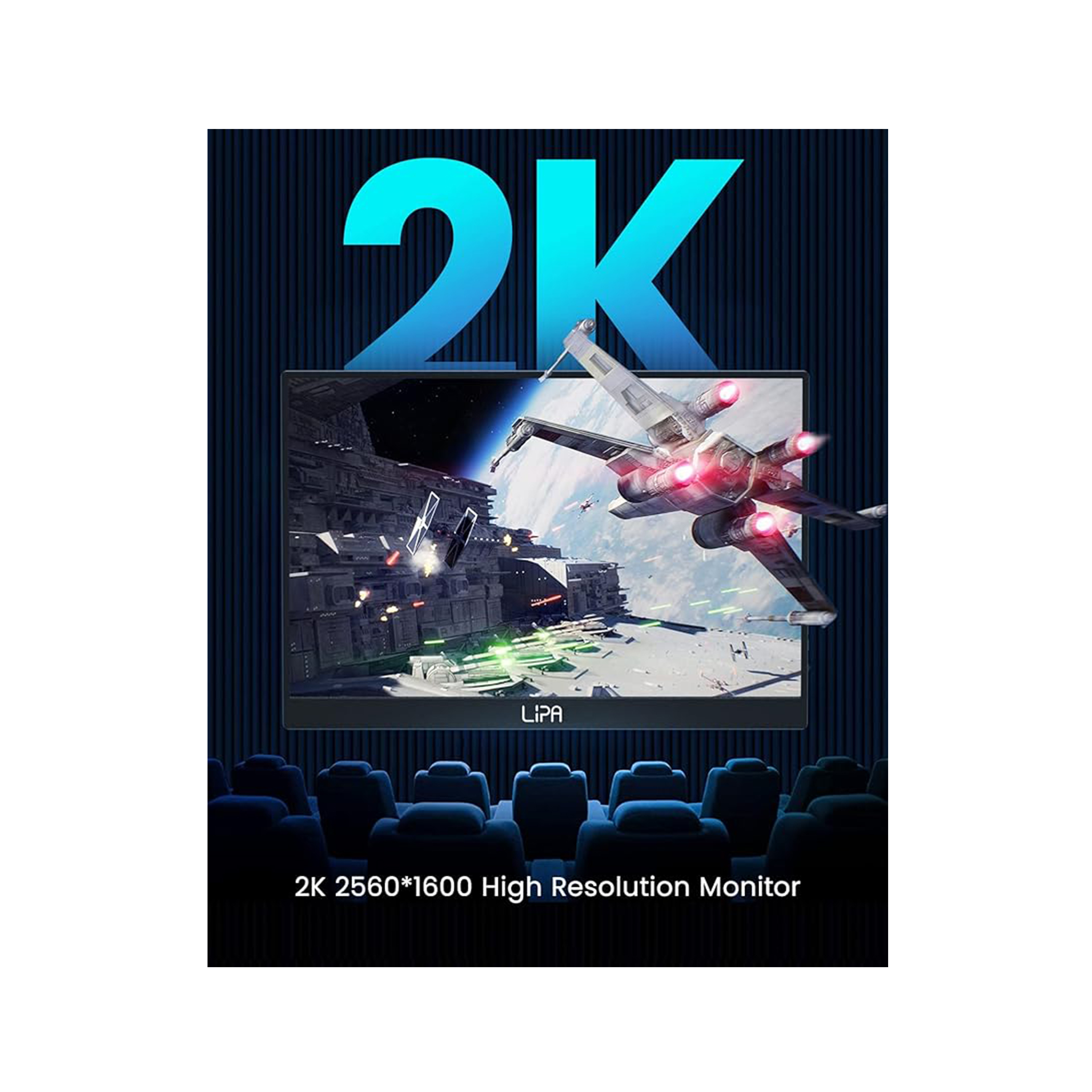 Monitor komputera wyświetlający scenę bitwy kosmicznej i tekst '2K'.