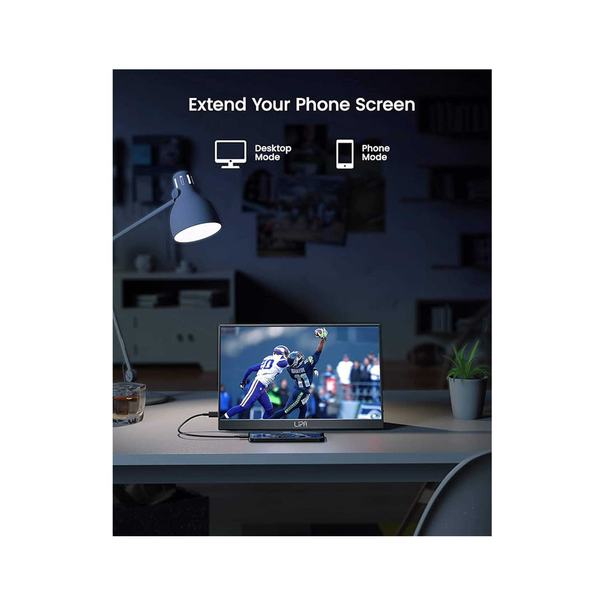 Monitor rozszerza ekran telefonu; pokazuje tryby pulpitu/telefonu, biurko i lampę.