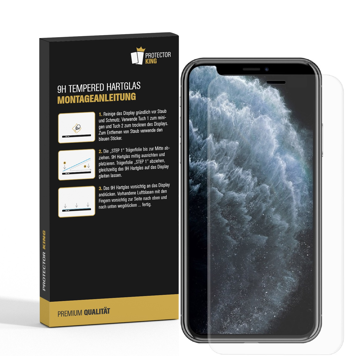 Telefon mit Displayschutz und eine Box mit Anweisungen. Weißer Hintergrund.