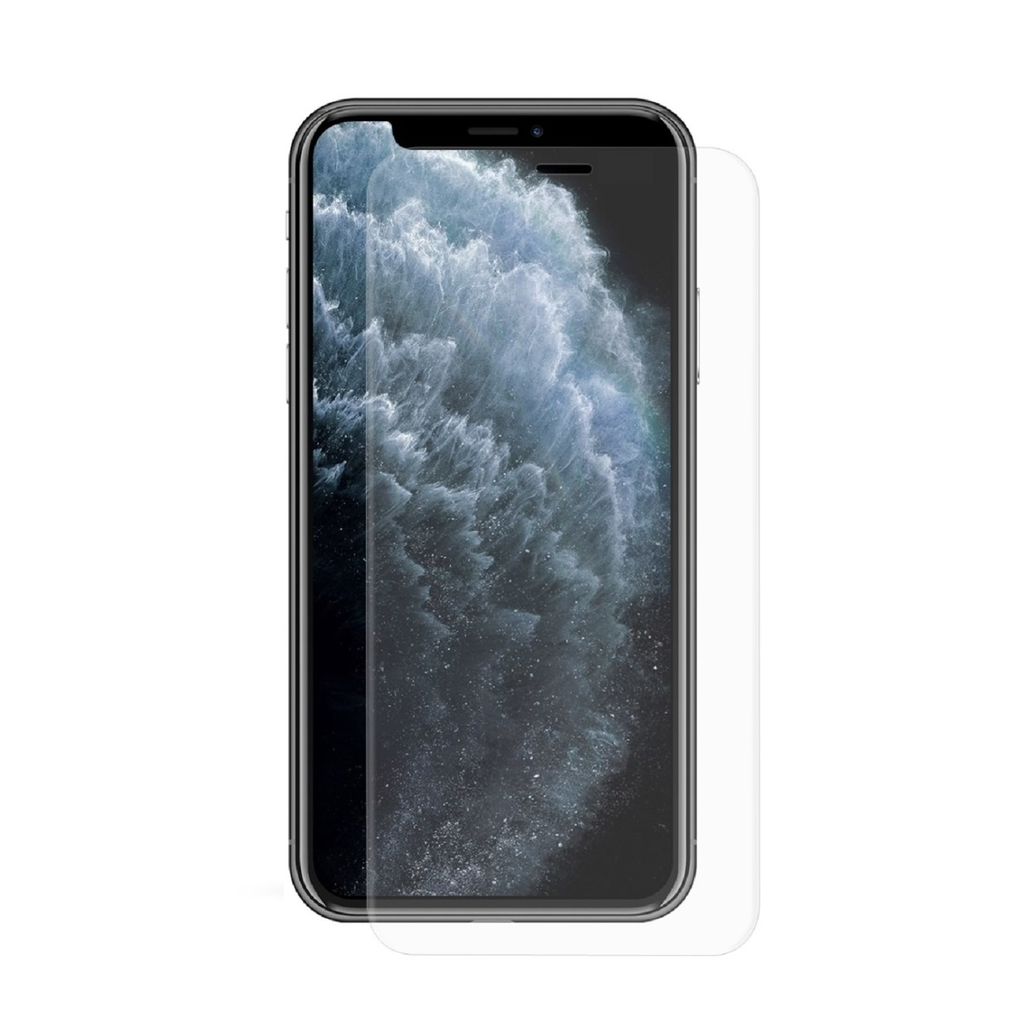 Schwarzes Smartphone mit aufgebrachter Displayschutzfolie, weißer Hintergrund.