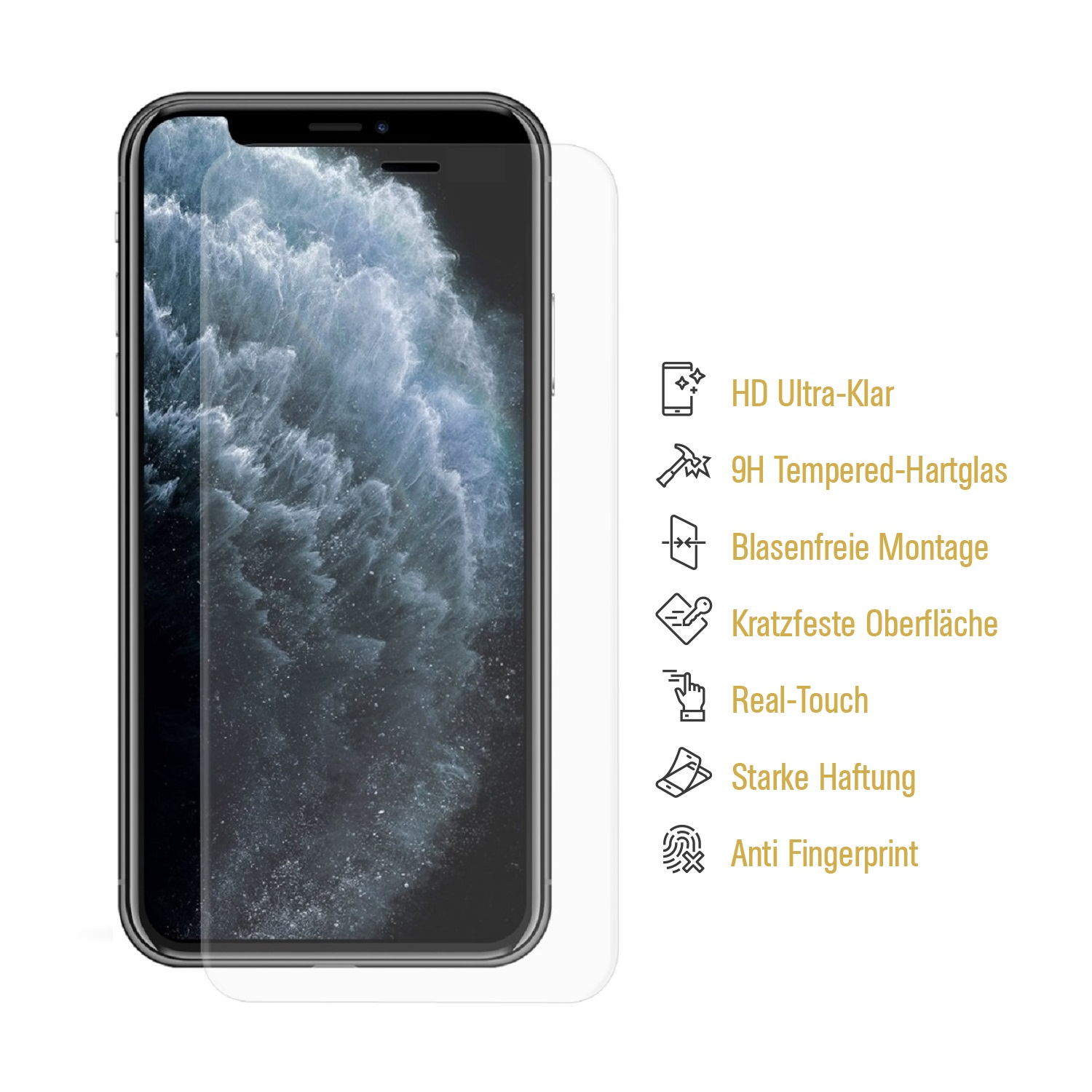 Displayschutzfolie auf einem Telefon. Weißer Hintergrund. Text beschreibt Funktionen und Vorteile.
