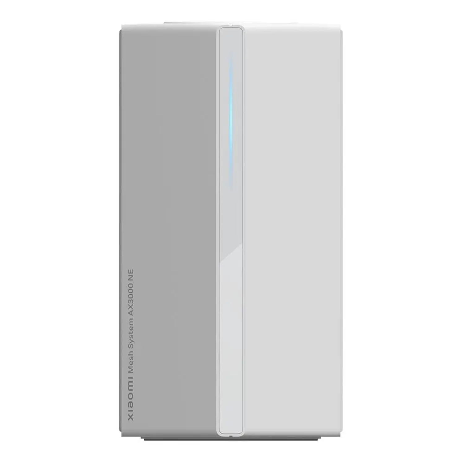 Un router blanco y gris con una tira de luz azul en la parte delantera, sobre un fondo blanco.