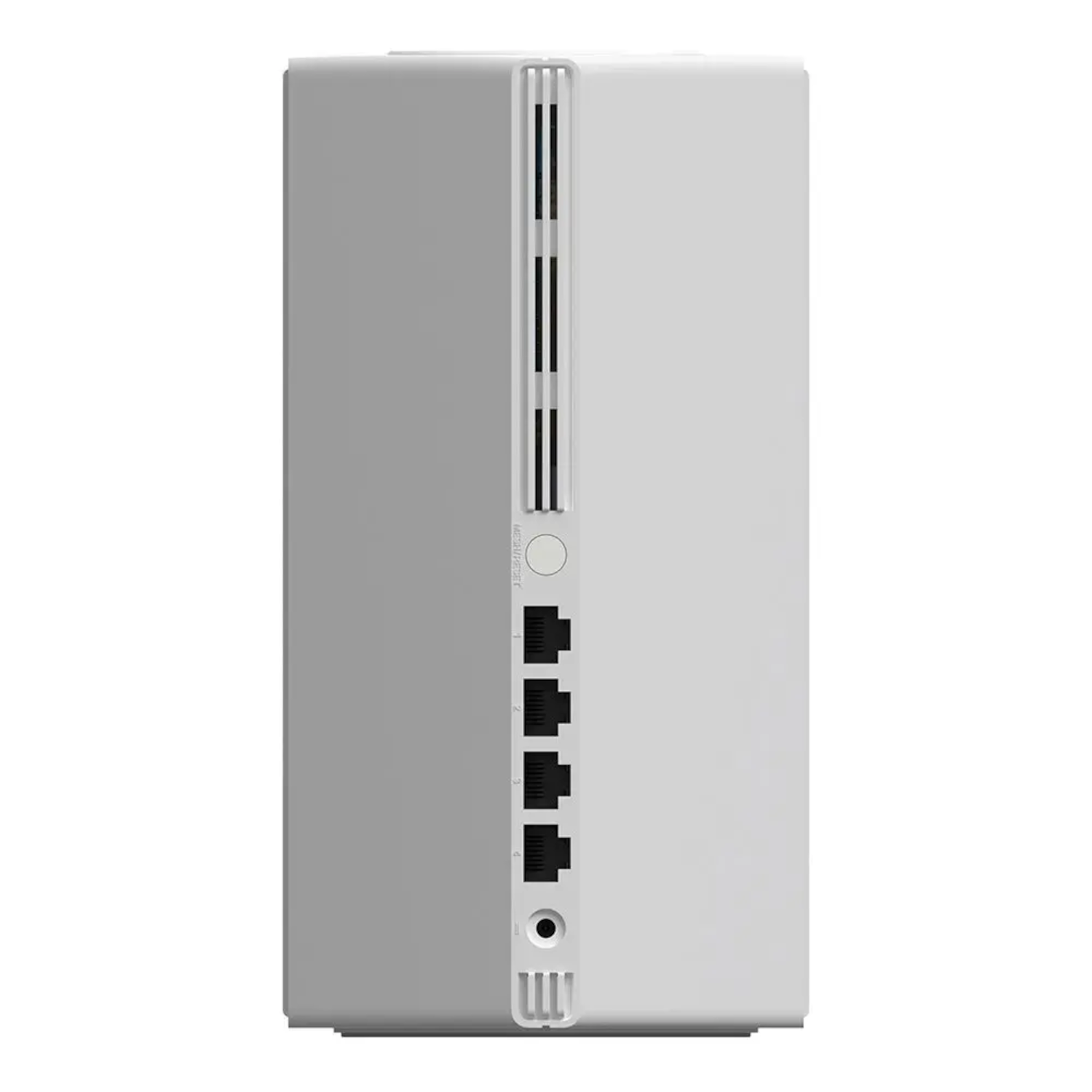 Un dispositivo blanco y gris con puertos, probablemente un conmutador de red o enrutador, sobre un fondo blanco.
