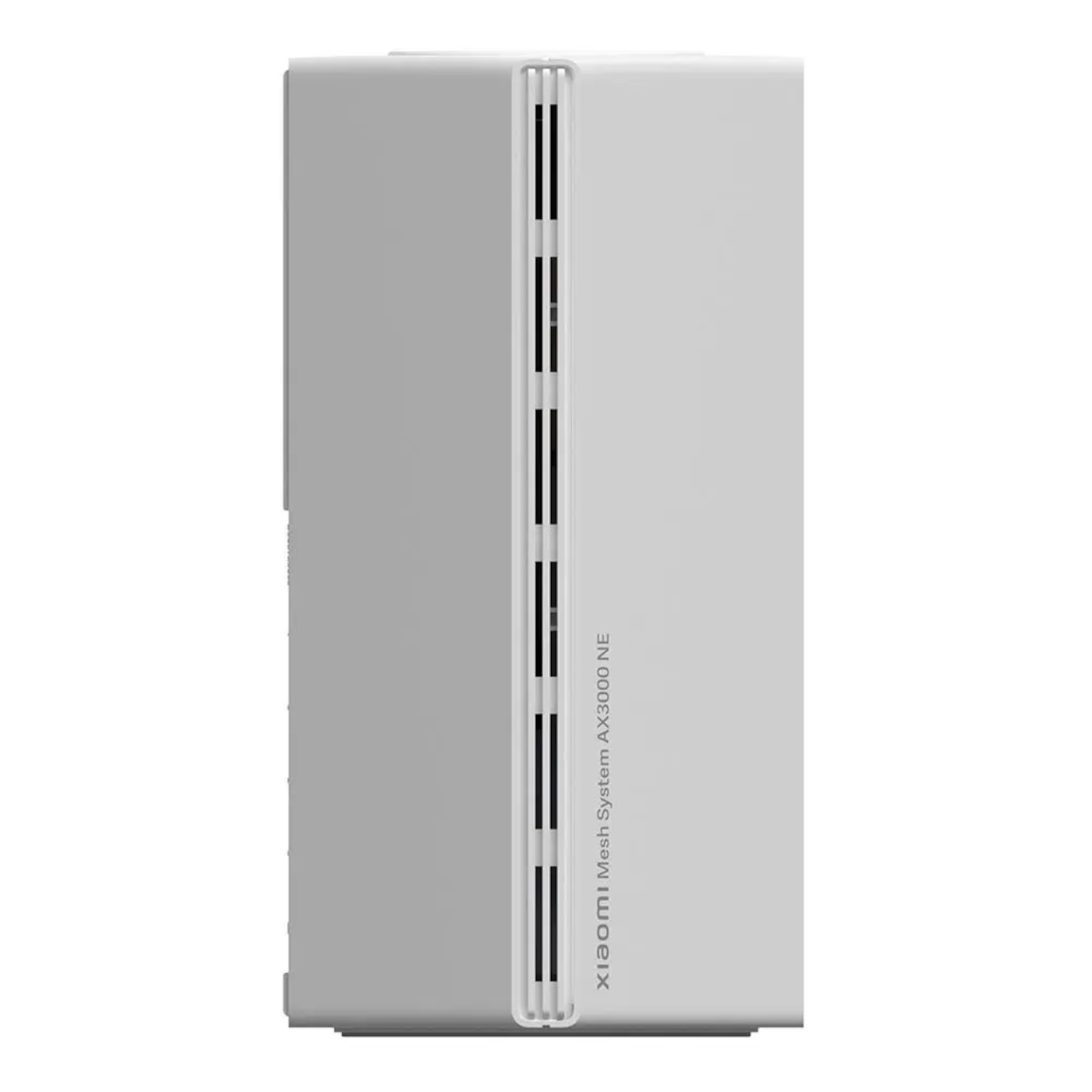 Un dispositivo blanco Xiaomi Mesh System AX3000 NE. El lado tiene un panel con ranuras verticales.